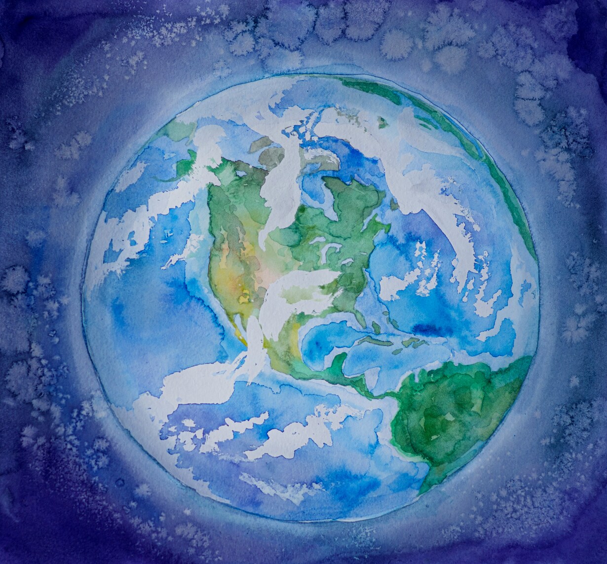 Ein Aquarellgemälde zeigt die Erde vom All aus gesehen