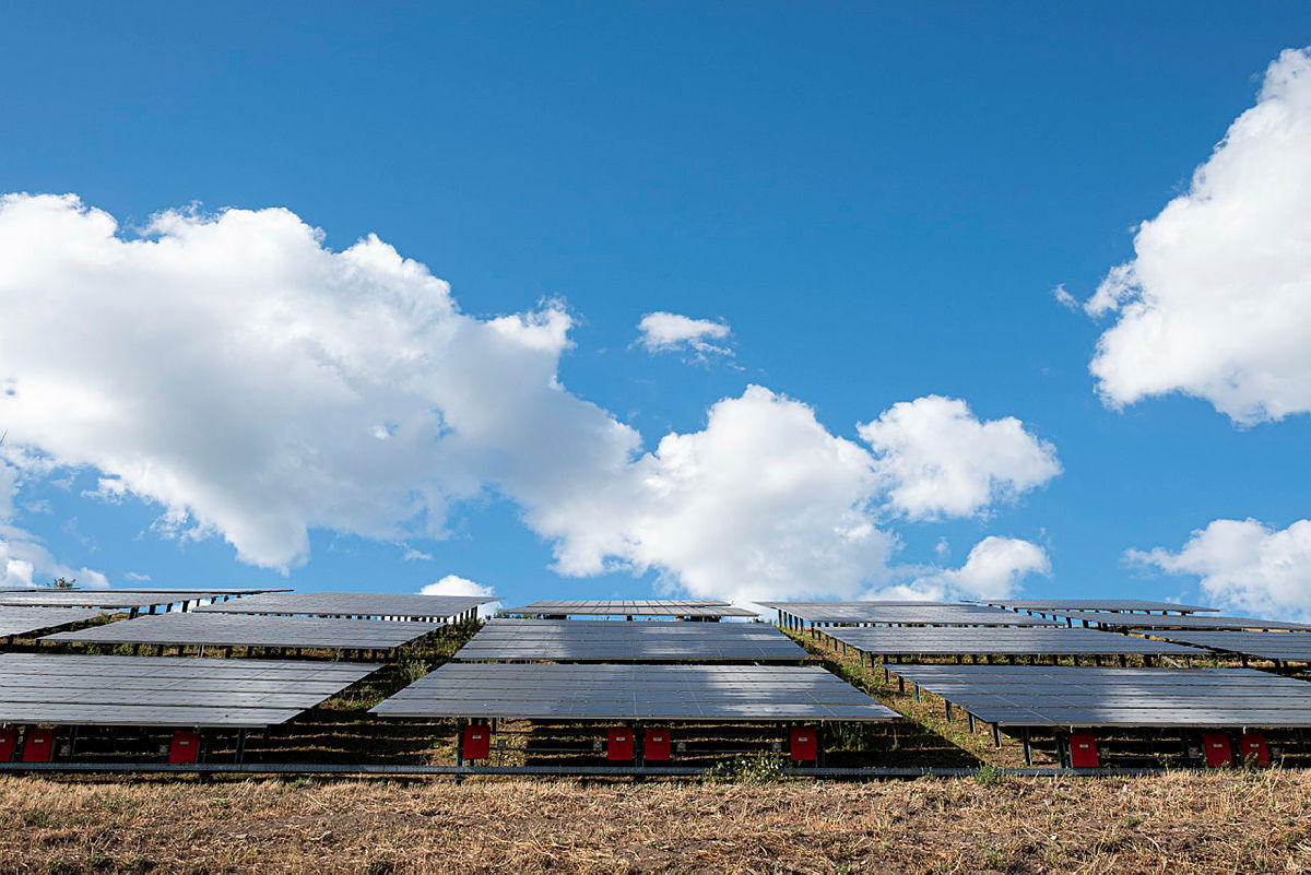 Foto zeigt ein Feld mit Solarmodulen und blauem Himmel.