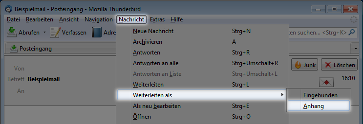 Mozilla Thunderbird: Weiterleiten als Anhang