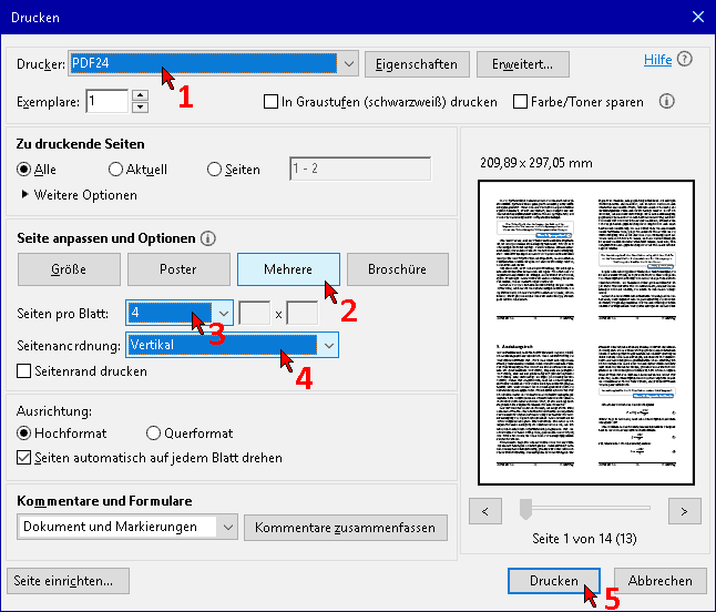 Drucker-Optionen: Mehrere Seiten pro Blatt in Adobe Reader