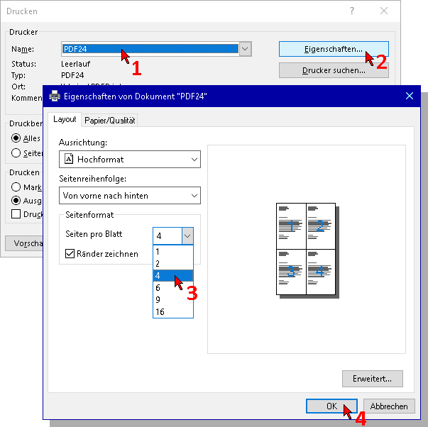 Drucker-Optionen: Mehrere Seiten pro Blatt in sonstigen Anwendungen