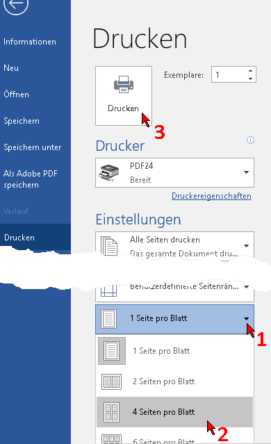 Drucker-Optionen: Mehrere Seiten pro Blatt in MS Word