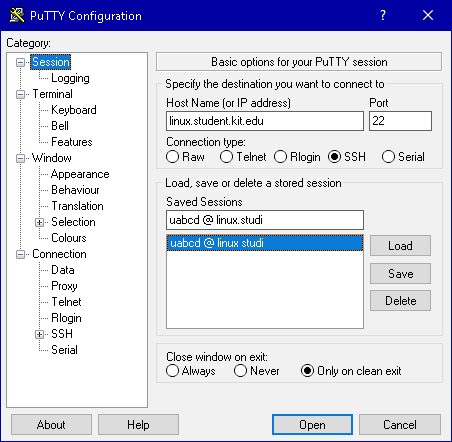 PuTTY-Konfiguration: Session