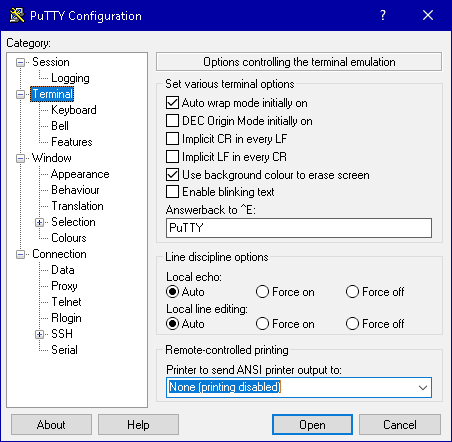 PuTTY-Konfiguration: Terminal