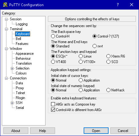 PuTTY-Konfiguration: Keyboard
