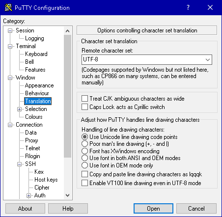 PuTTY-Konfiguration: Translation