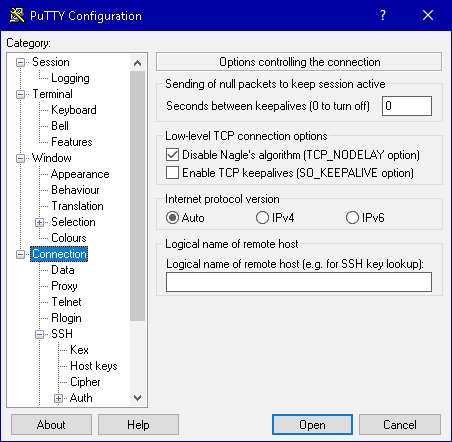 PuTTY-Konfiguration: Connection