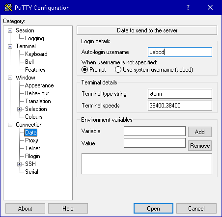 PuTTY-Konfiguration: Data