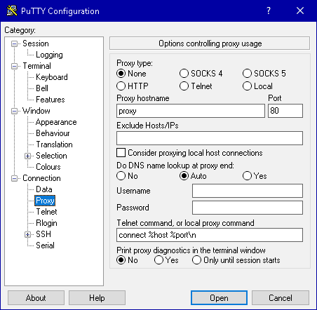 PuTTY-Konfiguration: Proxy