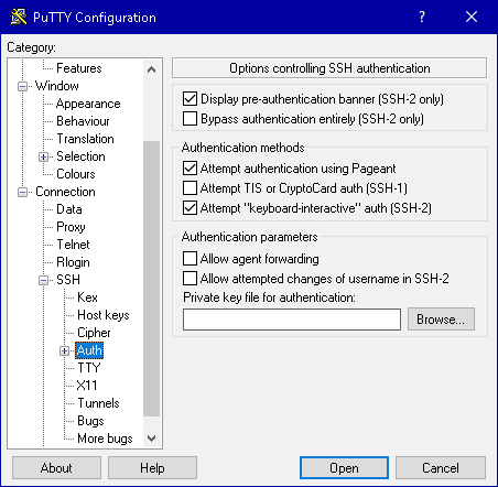 PuTTY-Konfiguration: Auth