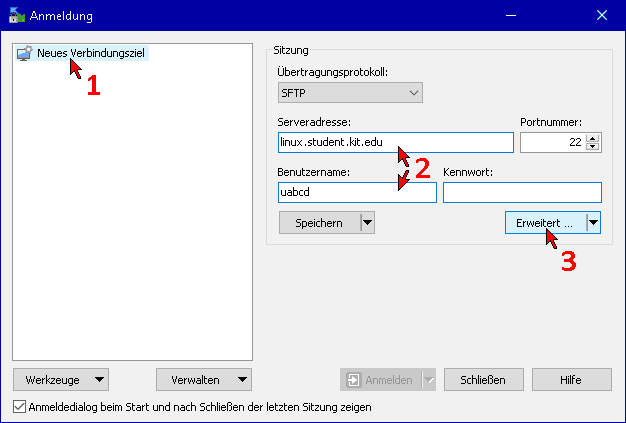 WinSCP-Konfiguration: Neues Verbindungsziel