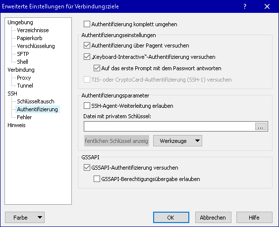 WinSCP-Konfiguration: Authentifizierung