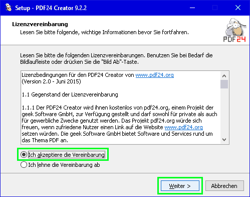 PDF24-Installation - Lizenzvereinbarung zustimmen