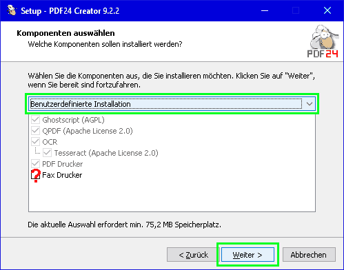 PDF24-Installation - Komponenten auswählen
