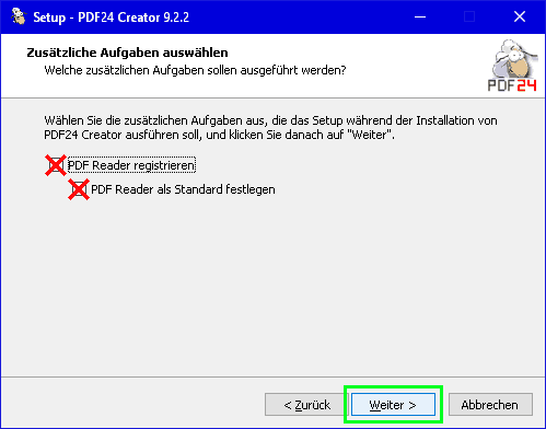 PDF24-Installation - Zusätzliche Aufgaben auswählen