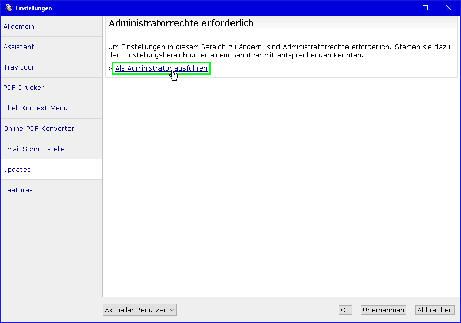 PDF24-Einstellungen - Updates 1: Warnung, Admin-Rechte erforderlich