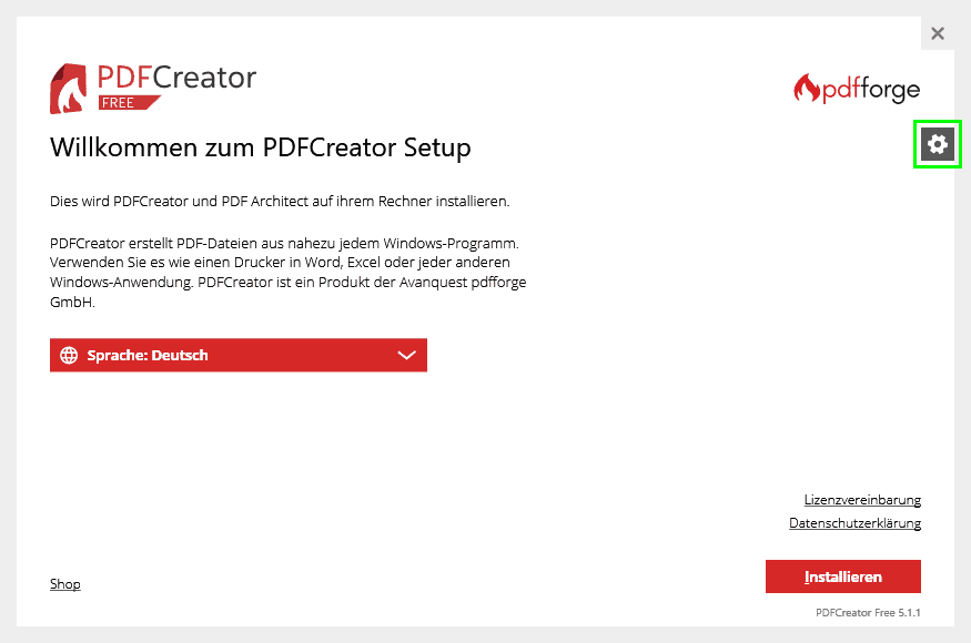 PDFCreator-Installation - Benutzerdefinierte Einstellungen öffnen