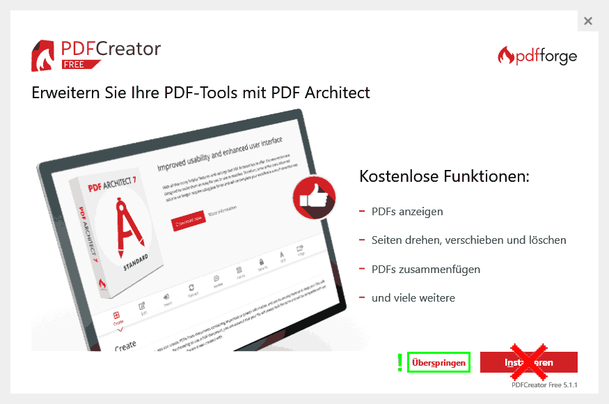 PDFCreator-Installation - Zusätzliche Tools (PDF Architect) abwählen
