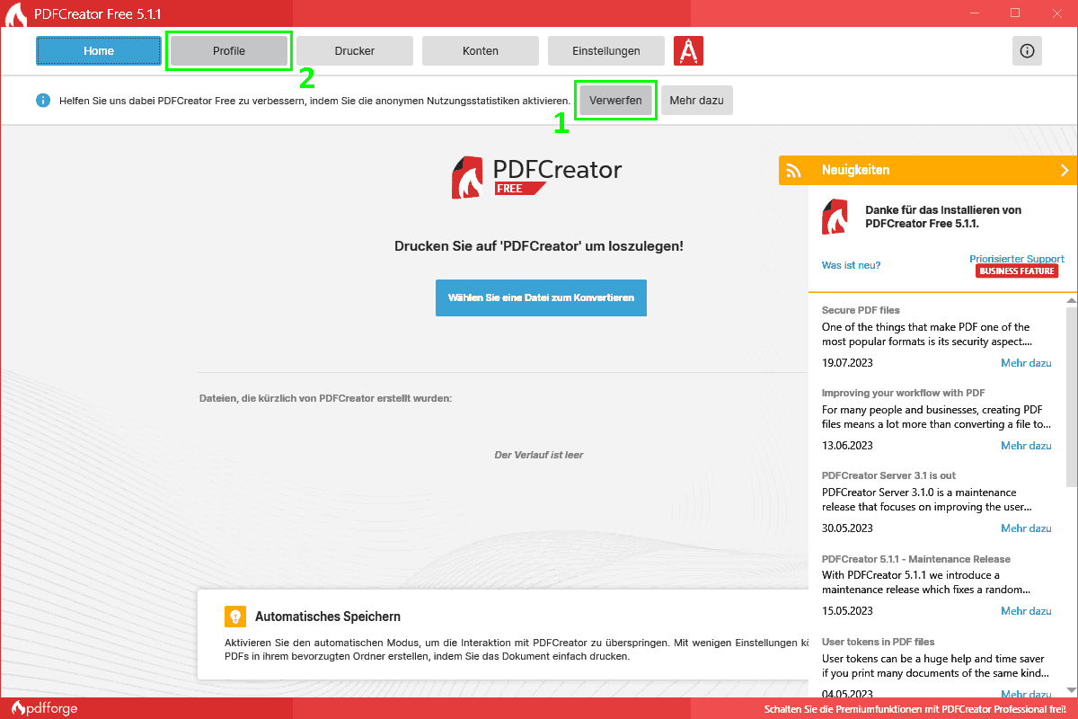 PDFCreator-Einstellungen - Nutzungsstatistiken ablehnen + zu Profile wechseln