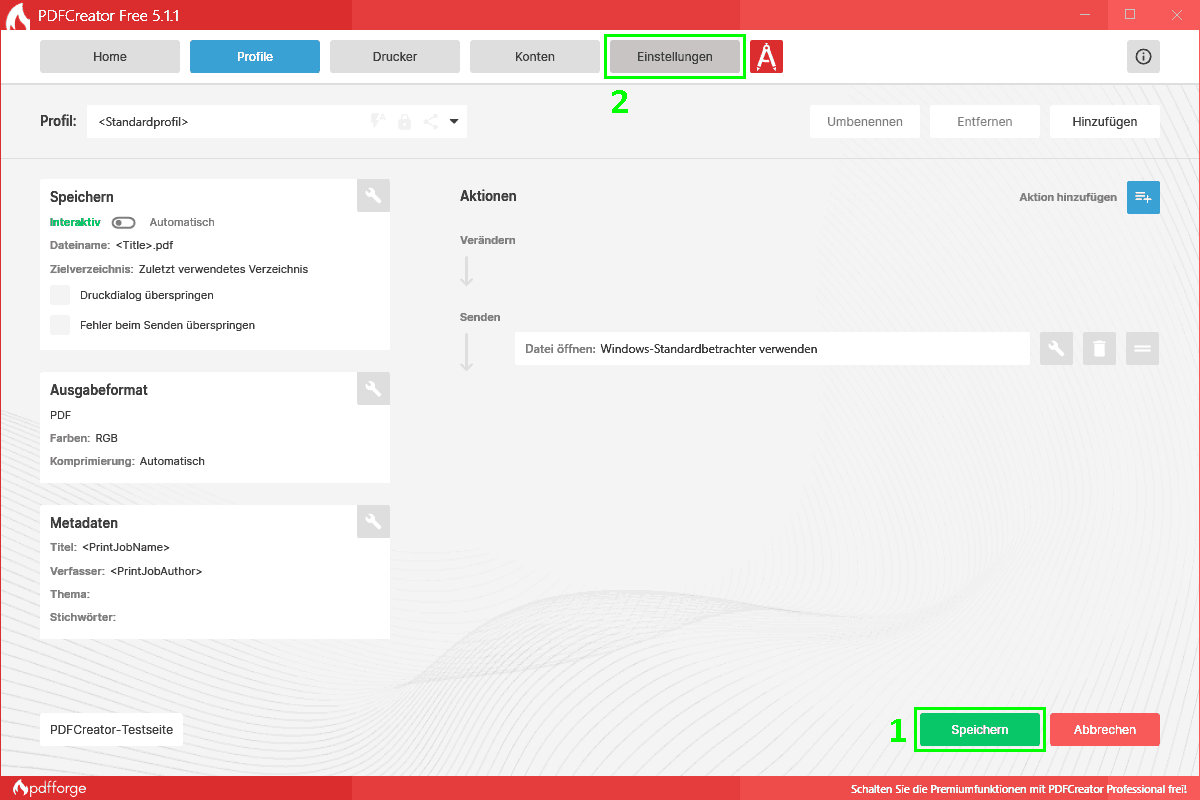 PDFCreator-Einstellungen - Speichern + zu Einstellungen wechseln