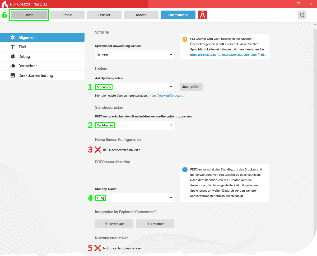 PDFCreator-Einstellungen - Einstellungen anpassen + zu Home wechseln