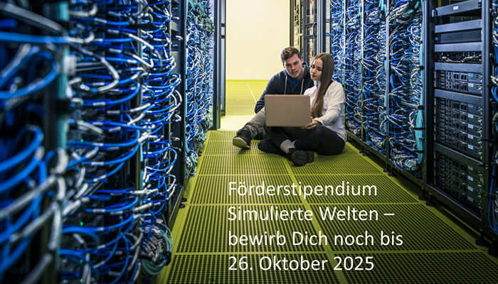 Ausschreibung für das Förderstipendium Simulierte Welten 2025/2026. Ein junger Mann und eine junge Frau sitzen mit dem Laptop neben einem Hochleistungsrechner.