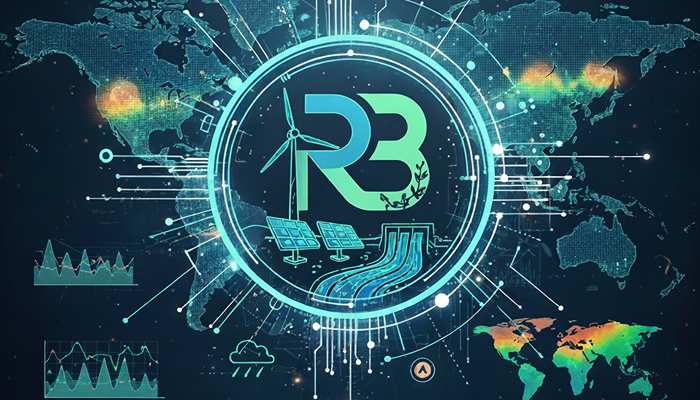 Fortschrittliche Energietechnologie: Windkraft, Solarzellen und Stromnetze vor Weltkarte, digitaler Netzkreis.