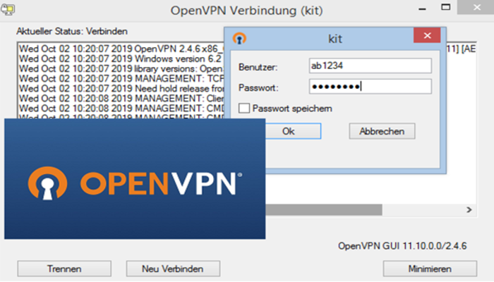 OpenVPN-Logo und Bildschirmfoto eines OpenVPN-Clients
